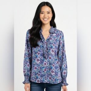 Talbots Floral Blouse in Blue and Purple Smocked Cuff Ruffle Blouse Size 1X